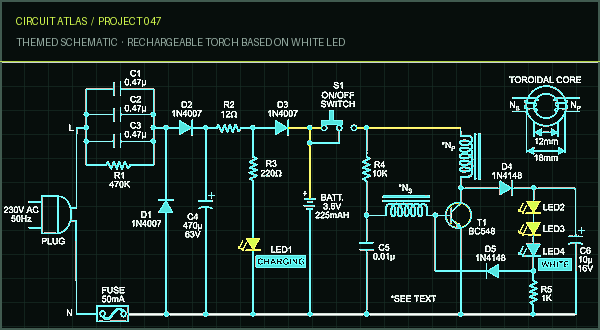 Circuit Atlas themed schematic for Rechargeable Torch Based on White LED Circuit Atlas themed schematic for Rechargeable Torch Based on White LED
