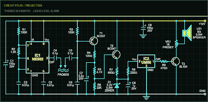Circuit Atlas themed schematic for Liquid level alarm