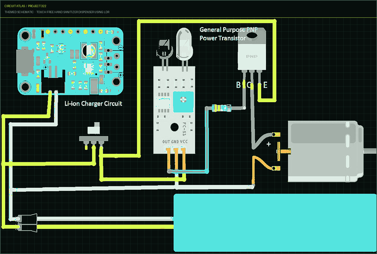 Circuit Atlas themed schematic for Touch Free Hand sanitizer dispenser using LDR
