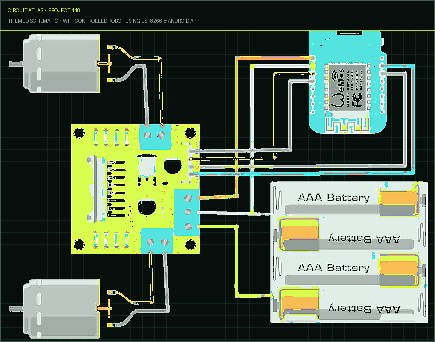Circuit Atlas themed schematic for WiFi Controlled Robot using ESP8266 & Android App Circuit Atlas themed schematic for WiFi Controlled Robot using ESP8266 & Android App