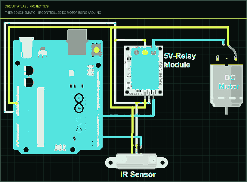 Circuit Atlas themed schematic for IR Controlled DC Motor using Arduino