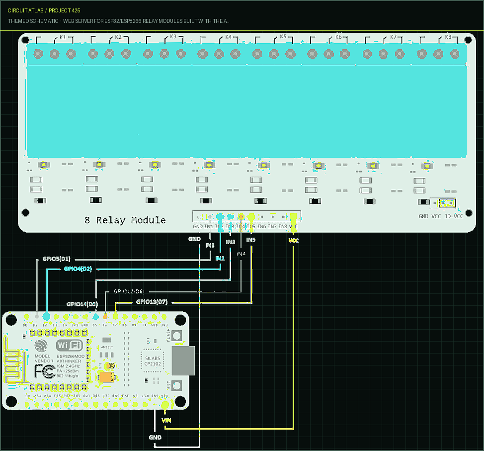 Circuit Atlas themed schematic for Web Server for ESP32/ESP8266 Relay Modules Built with the Arduino IDE (1, 2, 4, 8, 16 Channels)