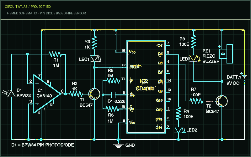 Circuit Atlas themed schematic for PIN Diode Based Fire Sensor