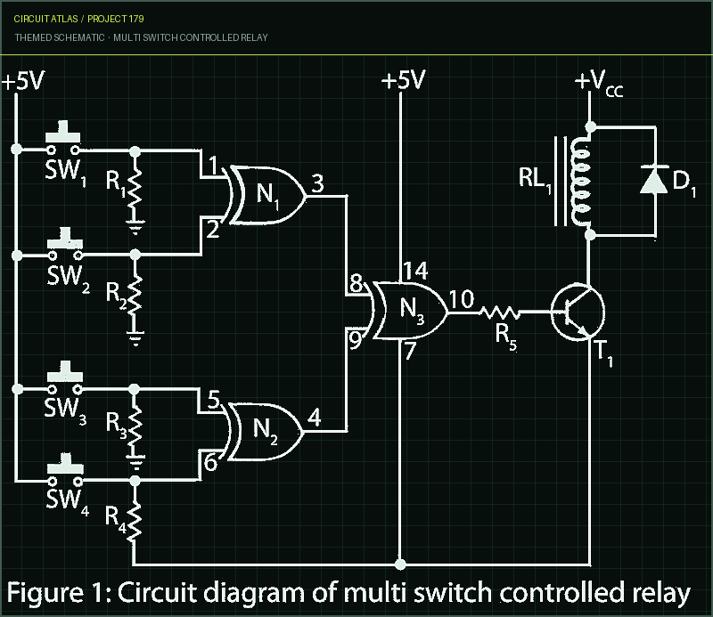 Circuit Atlas themed schematic for Multi Switch Controlled Relay