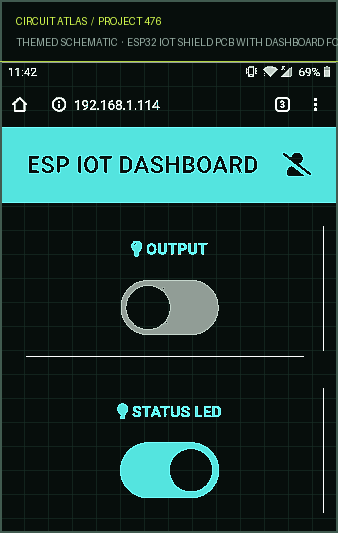 Circuit Atlas themed schematic for ESP32 IoT Shield PCB with Dashboard for Outputs and Sensors