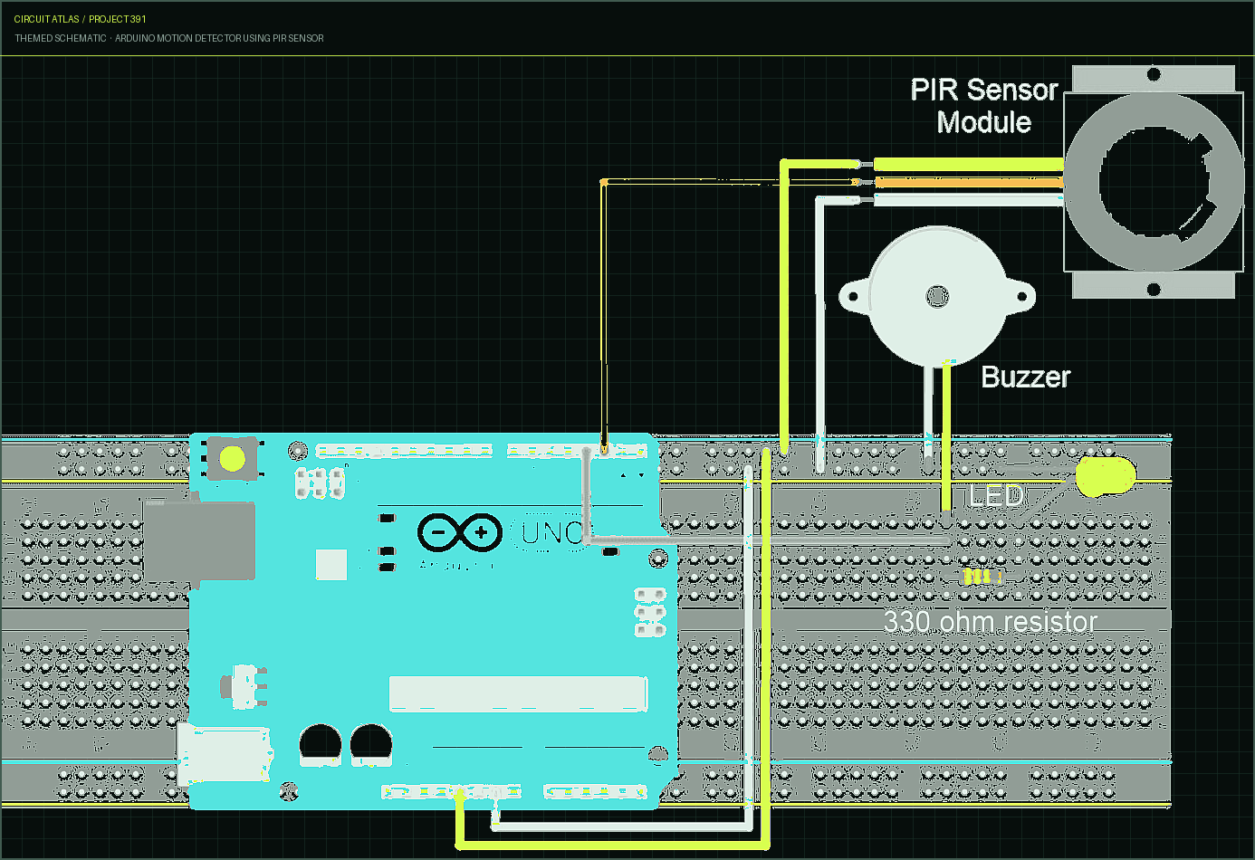 Circuit Atlas themed schematic for Arduino Motion Detector using PIR Sensor Circuit Atlas themed schematic for Arduino Motion Detector using PIR Sensor