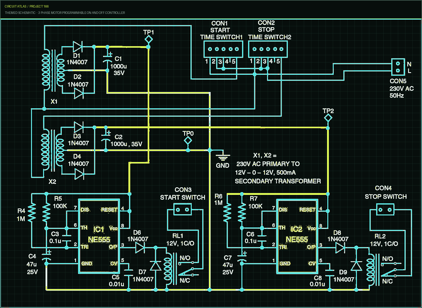 Circuit Atlas themed schematic for 3 Phase Motor Programmable on and Off Controller