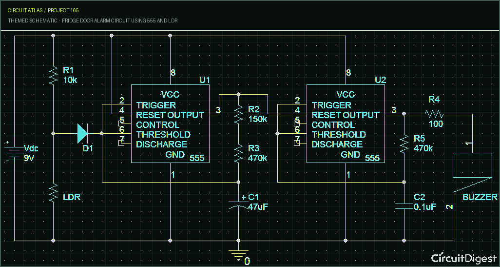 Circuit Atlas themed schematic for Fridge Door Alarm Circuit using 555 and LDR Circuit Atlas themed schematic for Fridge Door Alarm Circuit using 555 and LDR
