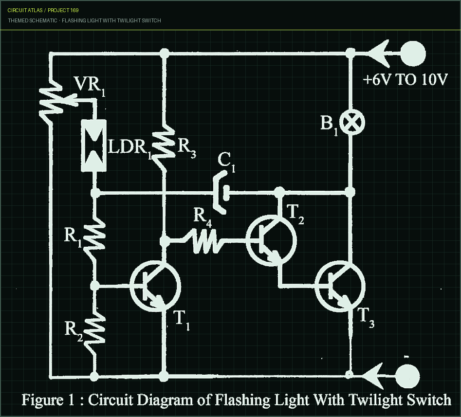 Circuit Atlas themed schematic for Flashing Light with twilight switch