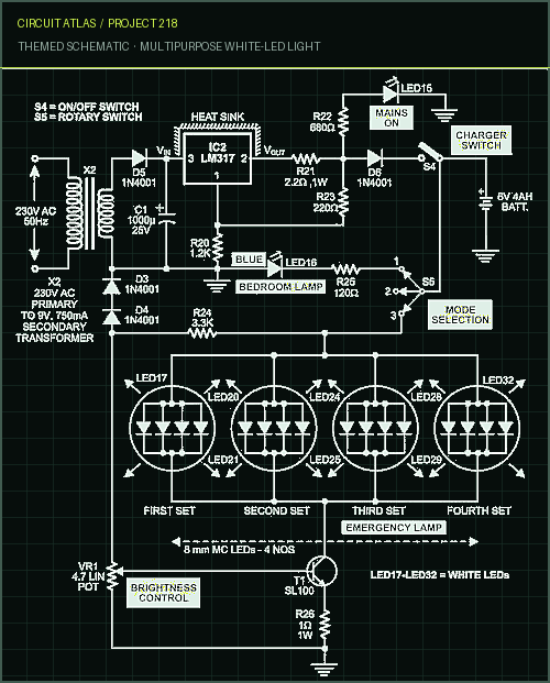 Circuit Atlas themed schematic for Multipurpose White-LED Light