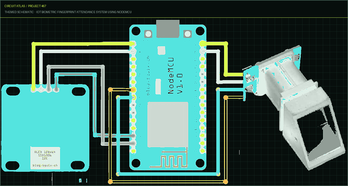 Circuit Atlas themed schematic for IoT Biometric Fingerprint Attendance System using NodeMCU