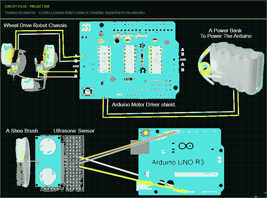 Circuit Atlas themed schematic for Floor Cleaning Robot using Ultrasonic Sensor with an Arduino Circuit Atlas themed schematic for Floor Cleaning Robot using Ultrasonic Sensor with an Arduino