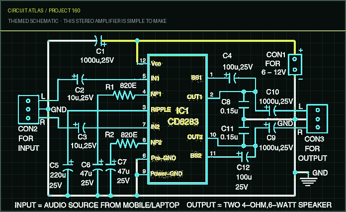 Circuit Atlas themed schematic for This Stereo Amplifier Is Simple to Make