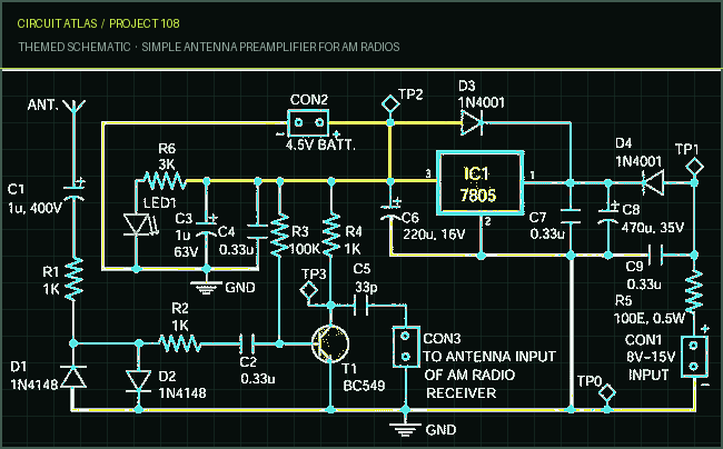 Circuit Atlas themed schematic for Simple Antenna Preamplifier for AM Radios
