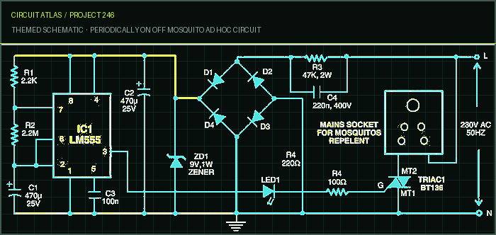 Circuit Atlas themed schematic for Periodically on /off Mosquito repellents circuit