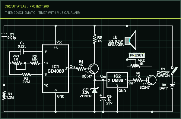 Circuit Atlas themed schematic for Timer with Musical Alarm