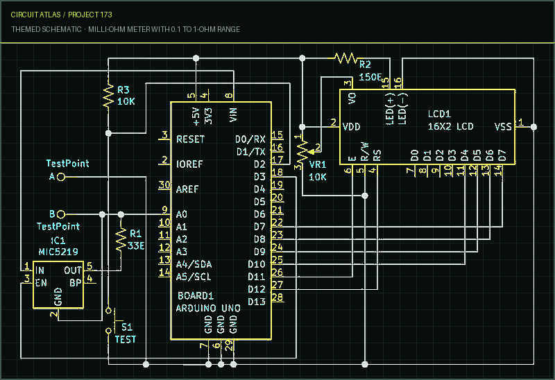 Circuit Atlas themed schematic for Milli-Ohm Meter with 0.1 To 1-Ohm Range