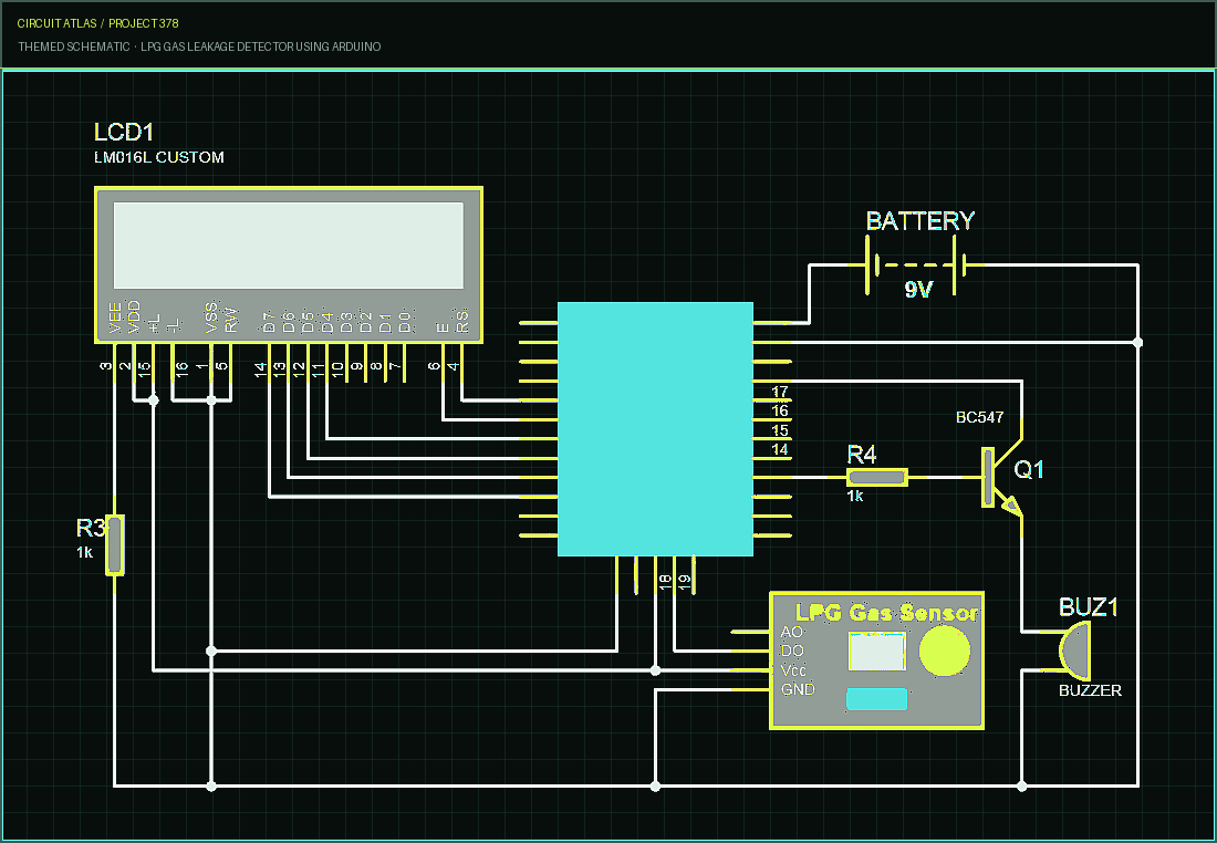 Circuit Atlas themed schematic for LPG Gas Leakage Detector using Arduino