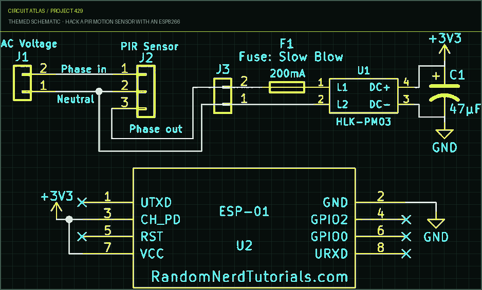 Circuit Atlas themed schematic for Hack a PIR Motion Sensor with an ESP8266 Circuit Atlas themed schematic for Hack a PIR Motion Sensor with an ESP8266
