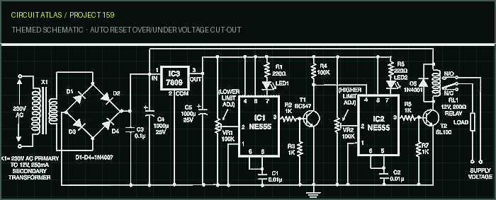 Circuit Atlas themed schematic for Auto Reset Over/Under Voltage Cut-Out Circuit Atlas themed schematic for Auto Reset Over/Under Voltage Cut-Out