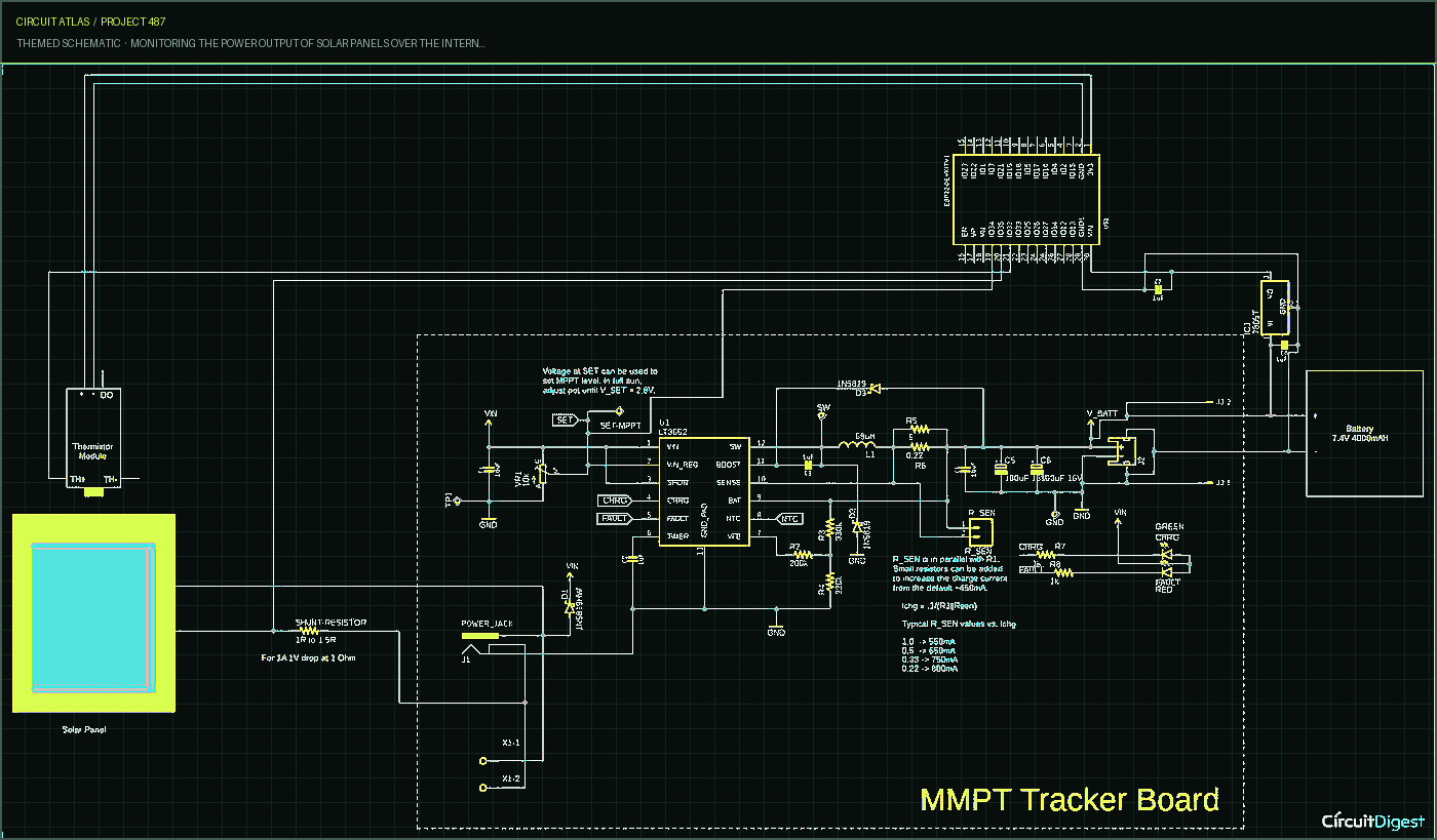 Circuit Atlas themed schematic for Monitoring the power output of solar panels over the Internet of Things using ESP32 and ThingSpeak