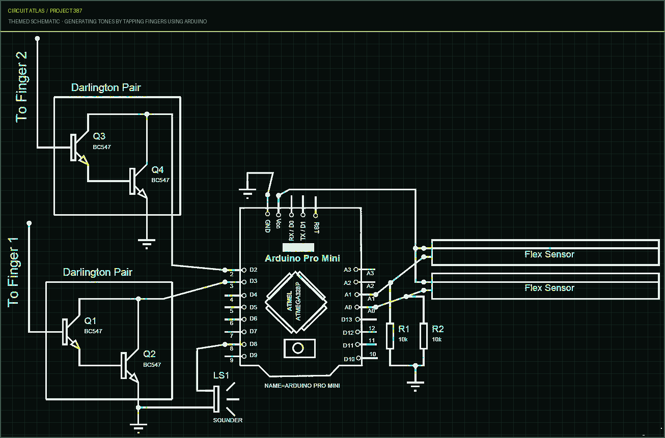 Circuit Atlas themed schematic for Generating Tones by Tapping Fingers using Arduino