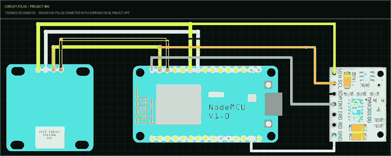 Circuit Atlas themed schematic for MAX30100 Pulse Oximeter with ESP8266 on Blynk IoT App Circuit Atlas themed schematic for MAX30100 Pulse Oximeter with ESP8266 on Blynk IoT App
