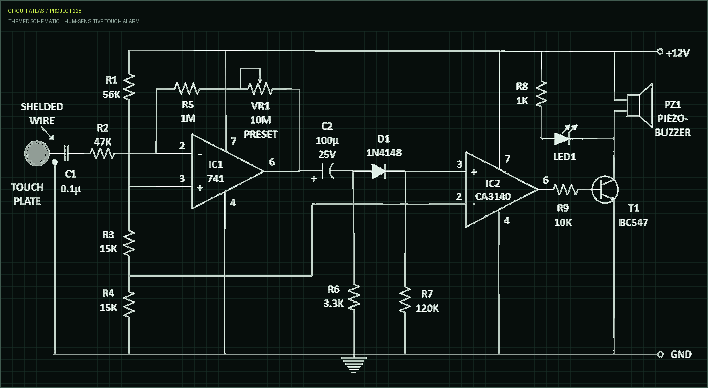 Circuit Atlas themed schematic for Hum-Sensitive Touch Alarm