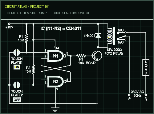 Circuit Atlas themed schematic for Simple Touch Sensitive Switch Circuit Atlas themed schematic for Simple Touch Sensitive Switch