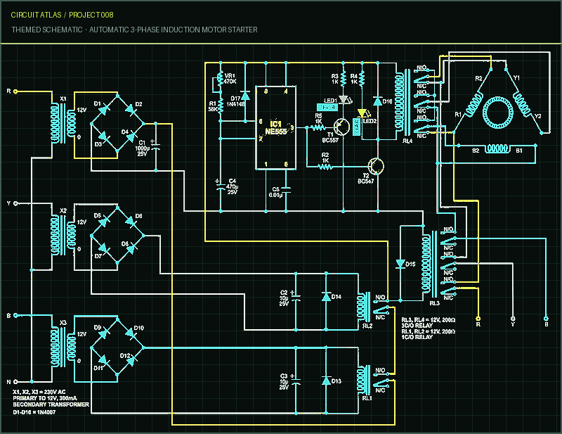 Circuit Atlas themed schematic for Automatic 3-Phase Induction Motor Starter