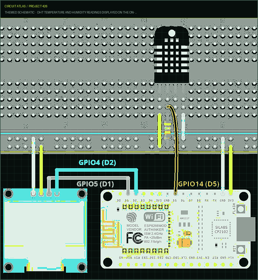 Circuit Atlas themed schematic for DHT Temperature and Humidity Readings Displayed on the on- board ESP8266's OLED Display
