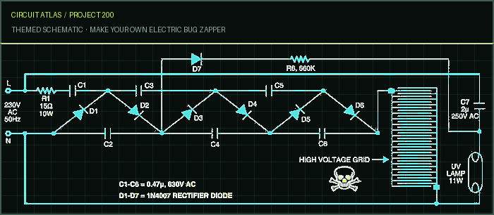 Circuit Atlas themed schematic for Make your own Electric Bug Zapper