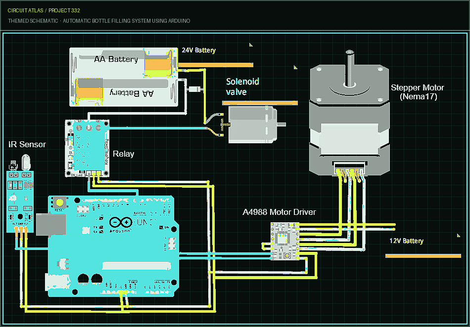 Circuit Atlas themed schematic for Automatic Bottle Filling System using Arduino