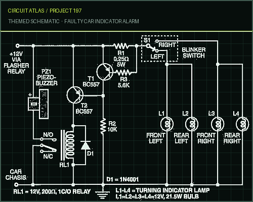 Circuit Atlas themed schematic for Faulty Car Indicator Alarm
