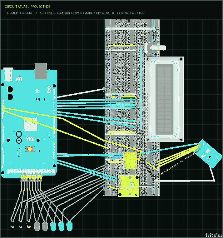 Circuit Atlas themed schematic for Arduino + ESP8266: How to Make a DIY World Clock and Weather Bot