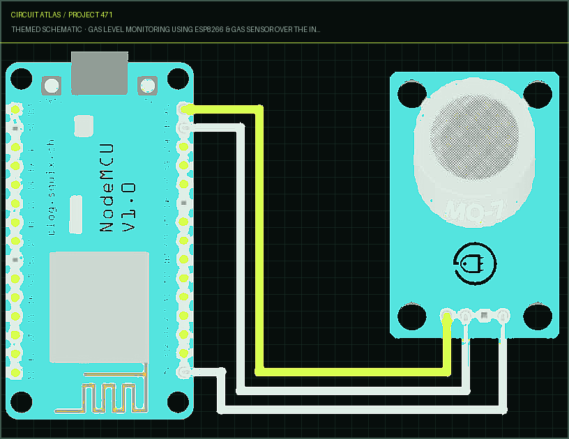 Circuit Atlas themed schematic for Gas Level Monitoring Using ESP8266 & Gas Sensor Over the Internet