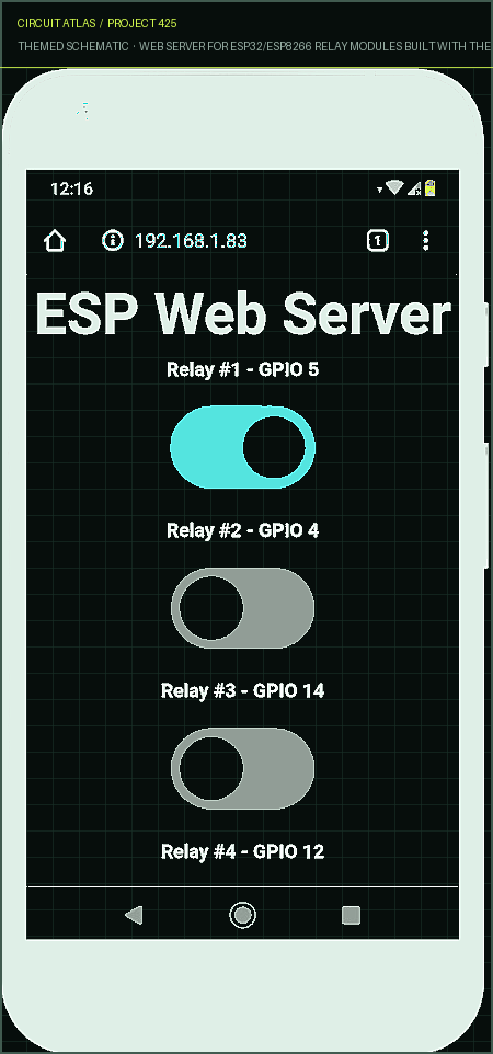 Circuit Atlas themed schematic for Web Server for ESP32/ESP8266 Relay Modules Built with the Arduino IDE (1, 2, 4, 8, 16 Channels)