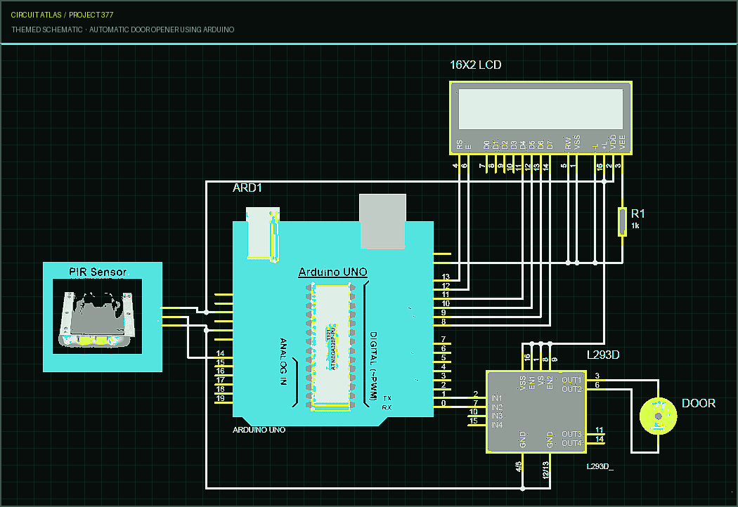 Circuit Atlas themed schematic for Automatic Door Opener using Arduino