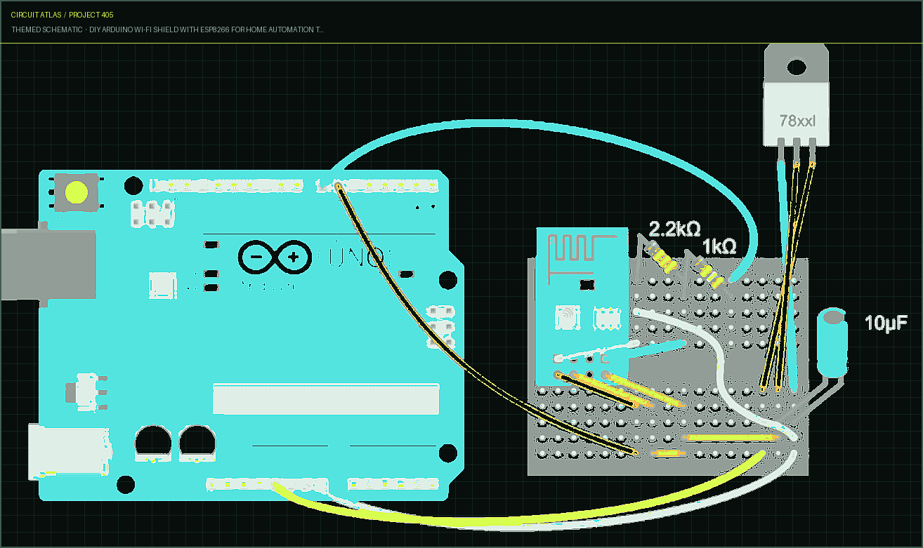 Circuit Atlas themed schematic for DIY Arduino Wi-Fi Shield with ESP8266 for Home Automation That Can Be Controlled by Voice