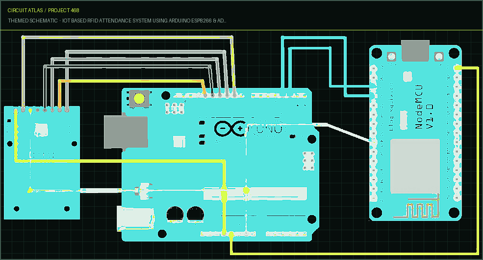 Circuit Atlas themed schematic for IoT Based RFID Attendance System Using Arduino ESP8266 & Adafruit.io