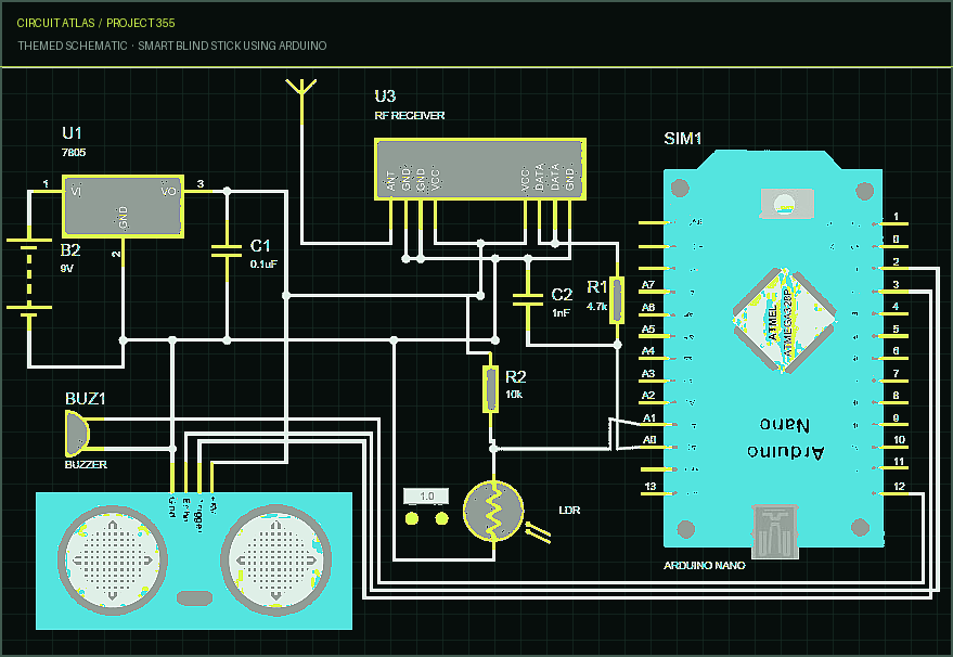 Circuit Atlas themed schematic for Smart Blind Stick using Arduino