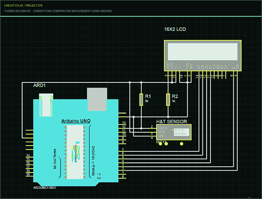 Circuit Atlas themed schematic for Humidity and Temperature Measurement using Arduino