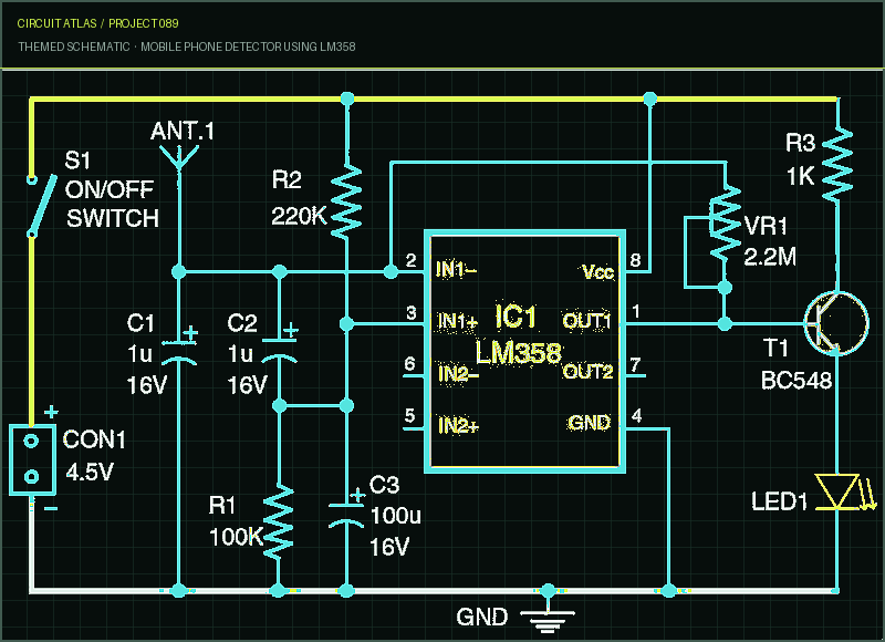 Circuit Atlas themed schematic for Mobile Phone Detector Using LM358 Circuit Atlas themed schematic for Mobile Phone Detector Using LM358
