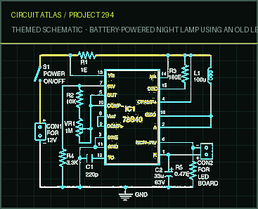 Circuit Atlas themed schematic for Battery-Powered Night Lamp Using an Old LED Bulb