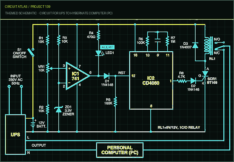 Circuit Atlas themed schematic for Circuit for UPS to Hybernate Computer (PC)