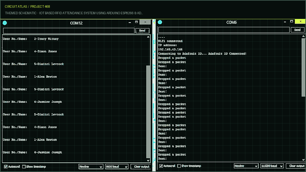 Circuit Atlas themed schematic for IoT Based RFID Attendance System Using Arduino ESP8266 & Adafruit.io