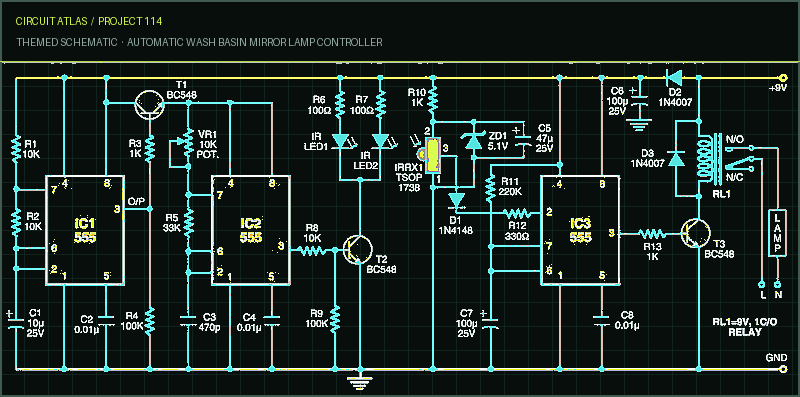 Circuit Atlas themed schematic for Automatic Wash Basin Mirror Lamp Controller