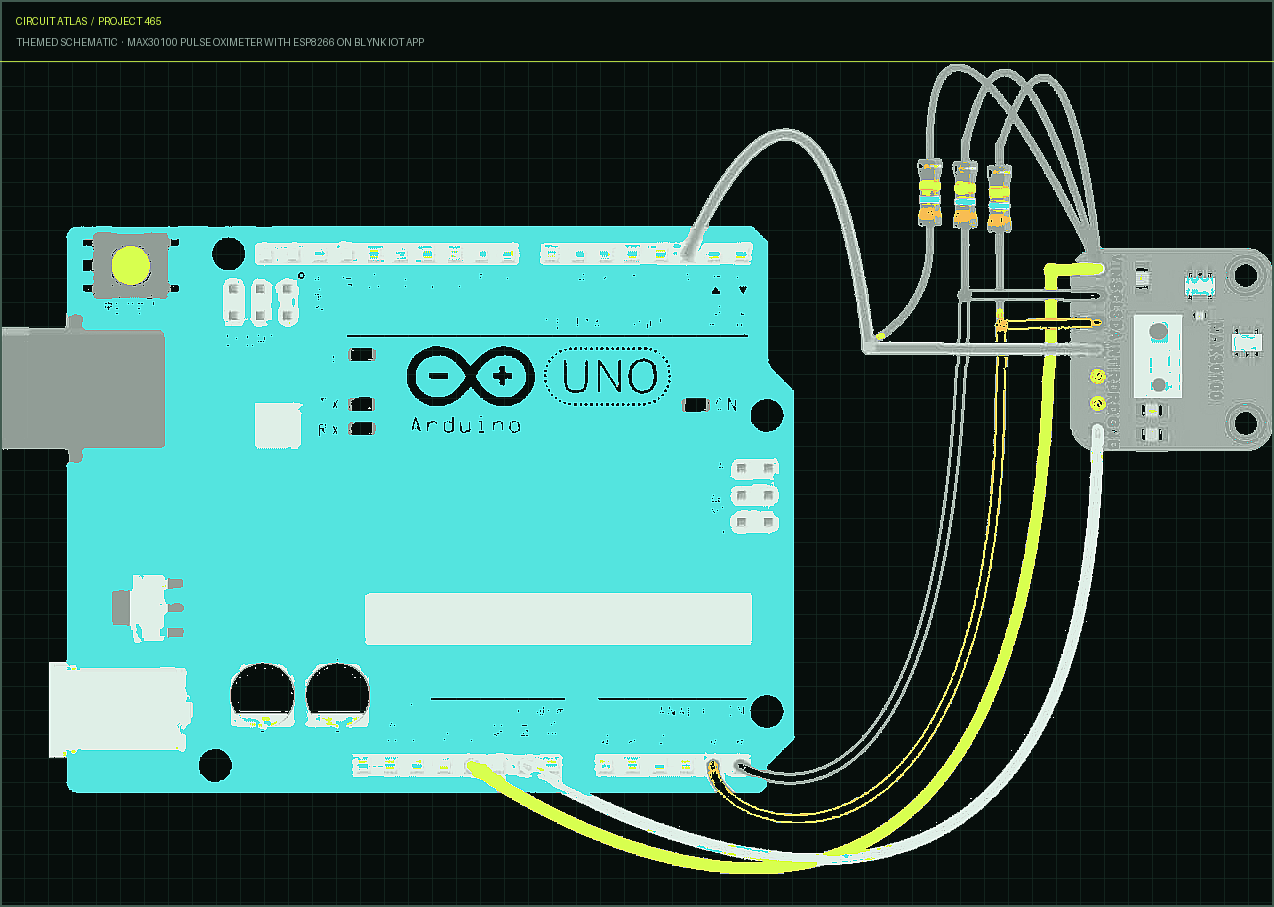 Circuit Atlas themed schematic for MAX30100 Pulse Oximeter with ESP8266 on Blynk IoT App Circuit Atlas themed schematic for MAX30100 Pulse Oximeter with ESP8266 on Blynk IoT App