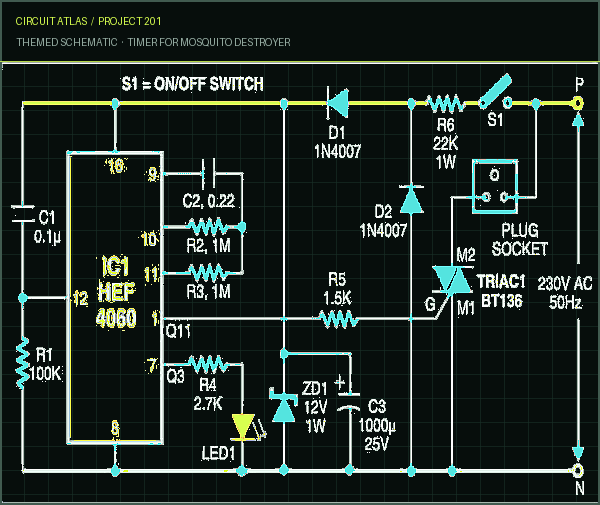 Circuit Atlas themed schematic for Timer for Mosquito Destroyer
