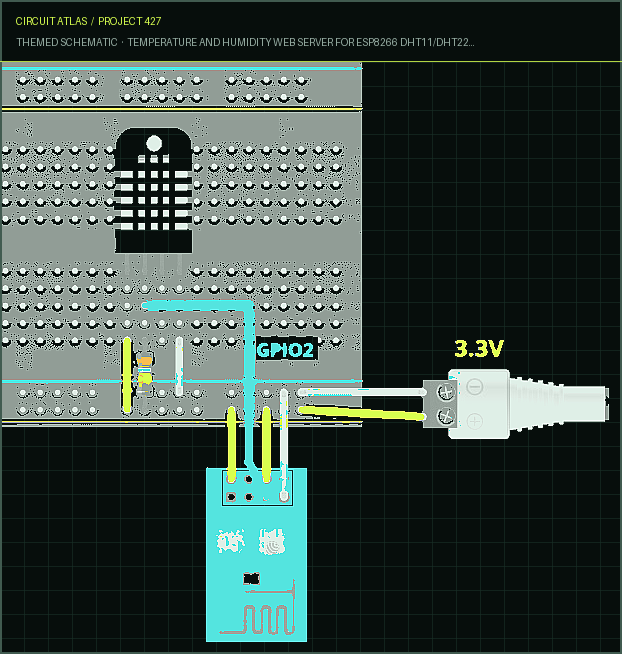 Circuit Atlas themed schematic for Temperature and Humidity Web Server for ESP8266 DHT11/DHT22 with Arduino IDE